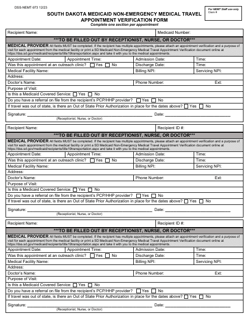 Form DSS-NEMT-973 South Dakota Medicaid Non-emergency Medical Travel Appointment Verification Form - South Dakota