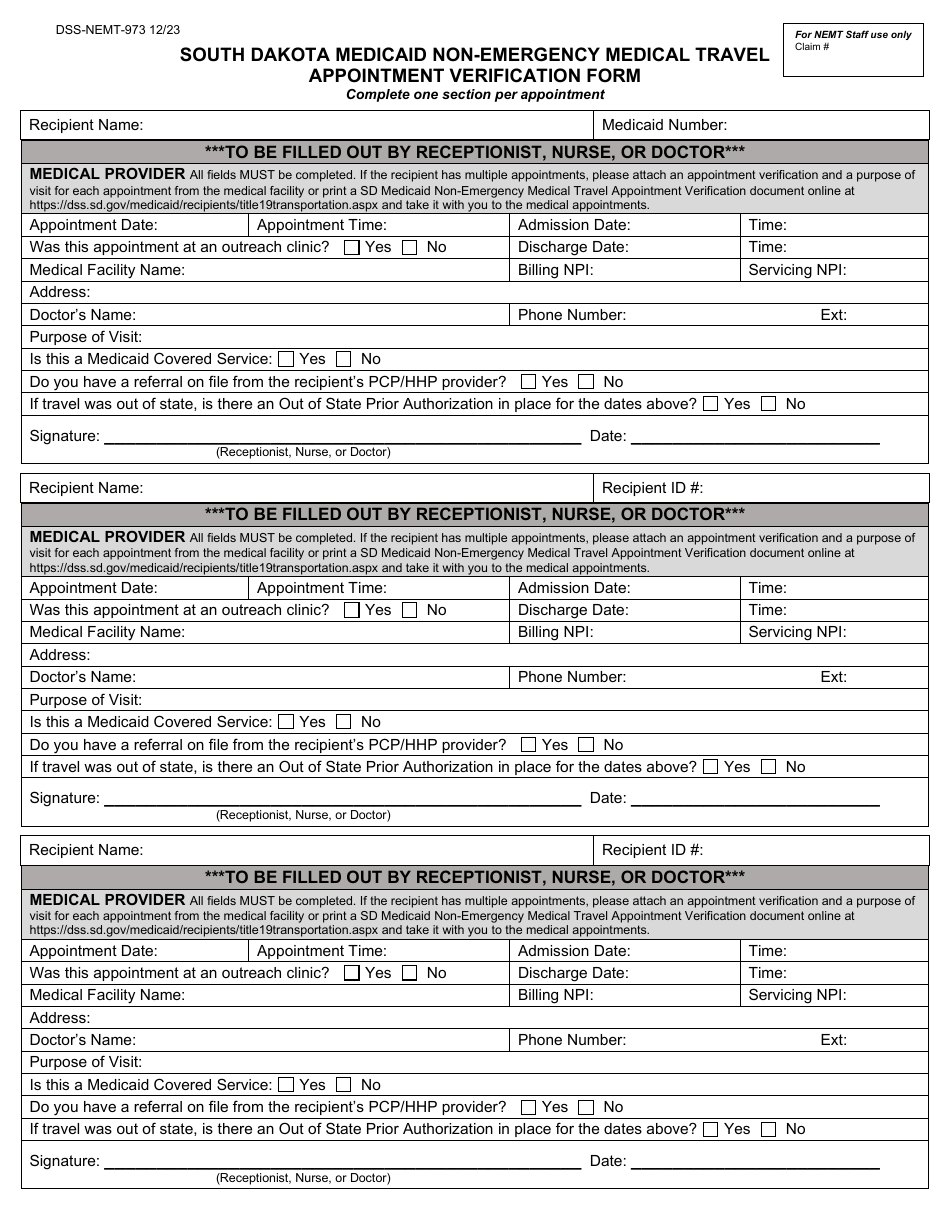 Form DSSNEMT973 Download Printable PDF or Fill Online South Dakota Medicaid Nonemergency