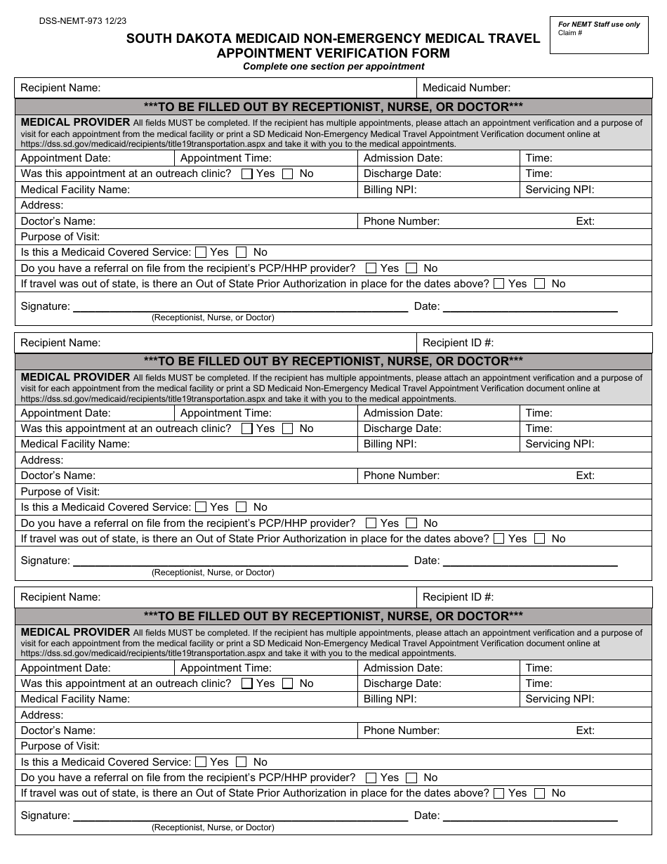Form DSS-NEMT-973 South Dakota Medicaid Non-emergency Medical Travel Appointment Verification Form - South Dakota, Page 1