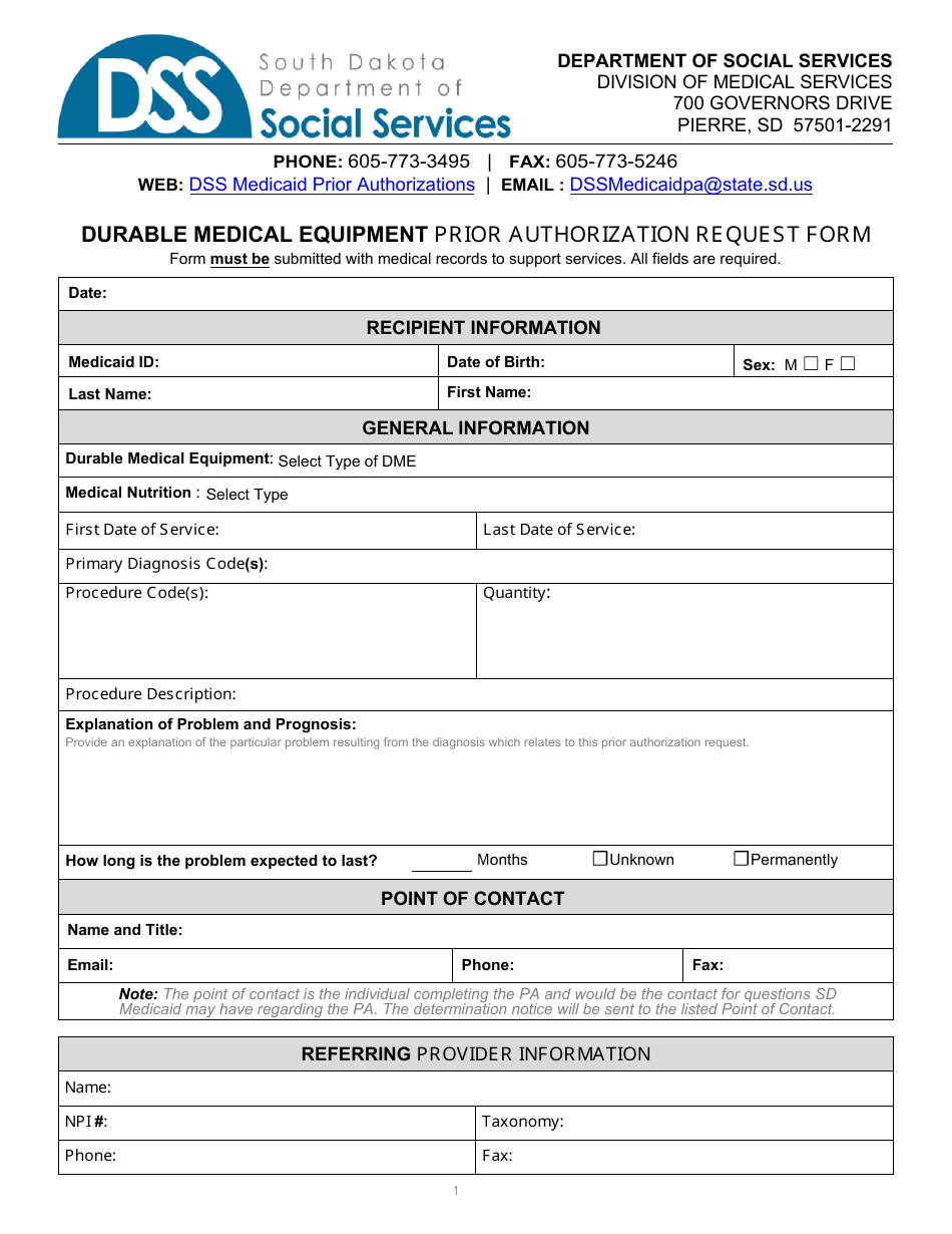 Form PA-101 Durable Medical Equipment Prior Authorization Request Form - South Dakota, Page 1