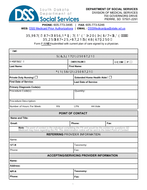 Form PA-104 Private Duty Nursing/Extended Home Health Aide Prior Authorization Request Form - South Dakota