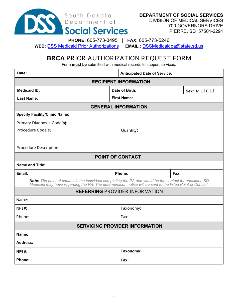 Form PA-107 Brca Prior Authorization Request Form - South Dakota, Page 1