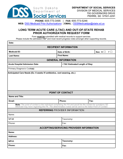 Form PA-112 Long Term Acute Care (Ltac) and Out-of-State Rehab Prior Authorization Request Form - South Dakota