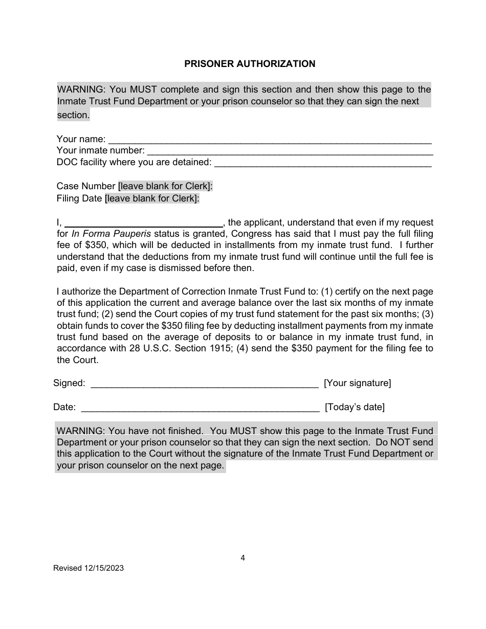 Prisoners Application to Proceed in Forma Pauperis in a Civil Rights Action - Connecticut, Page 4