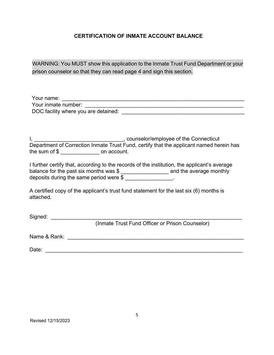 Prisoners Application to Proceed in Forma Pauperis in a Civil Rights Action - Connecticut, Page 5