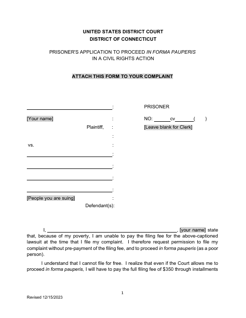 Prisoner's Application to Proceed in Forma Pauperis in a Civil Rights Action - Connecticut Download Pdf