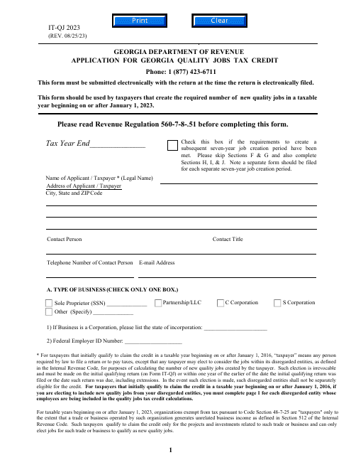 Form IT-QJ Application for Georgia Quality Jobs Tax Credit - Georgia (United States), 2023