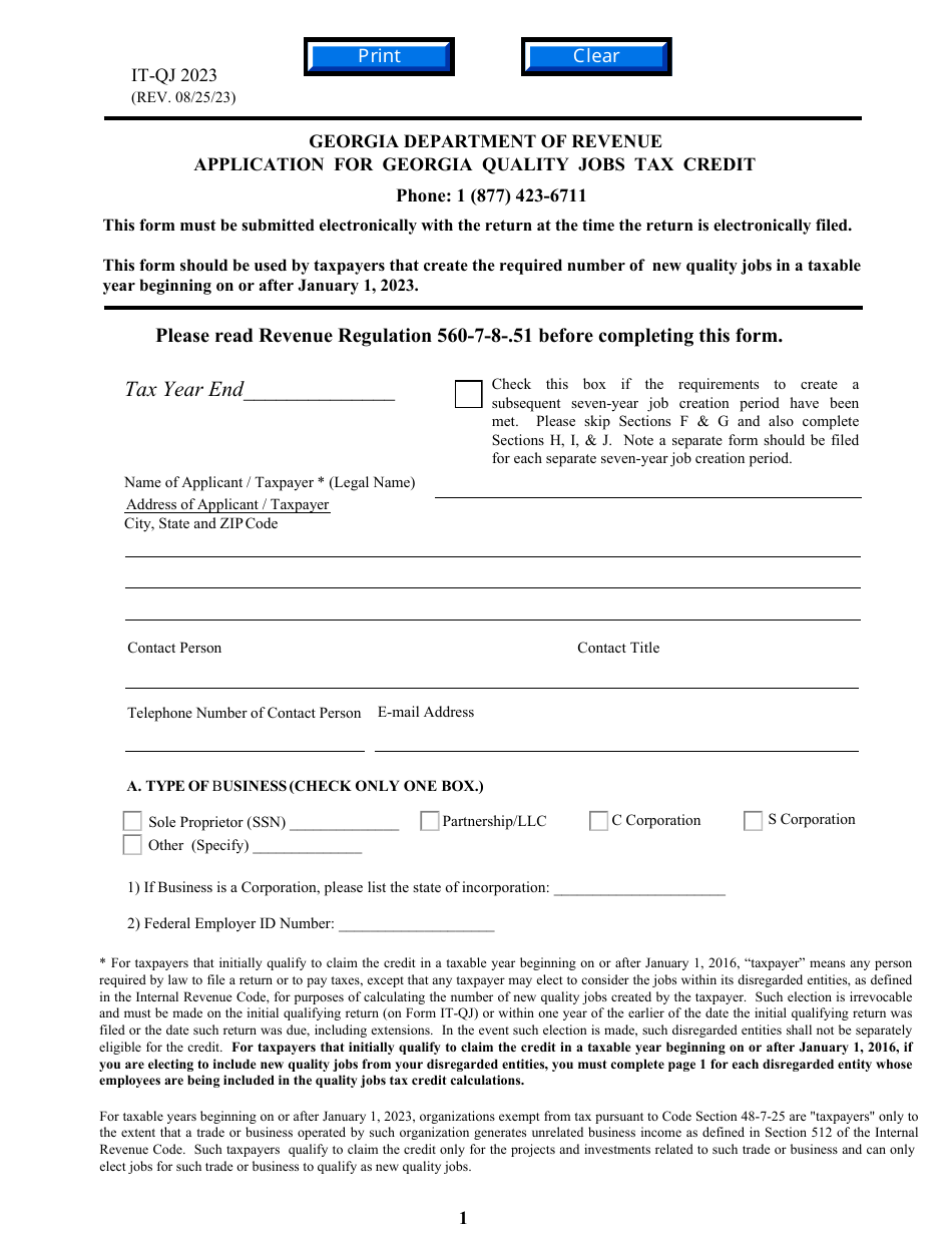 Form IT-QJ Application for Georgia Quality Jobs Tax Credit - Georgia (United States), Page 1