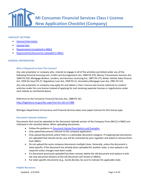 Mi Consumer Financial Services Class I License New Application Checklist (Company) - Michigan Download Pdf