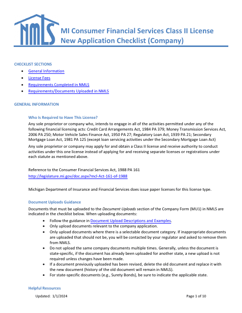 Mi Consumer Financial Services Class II License New Application Checklist (Company) - Michigan Download Pdf