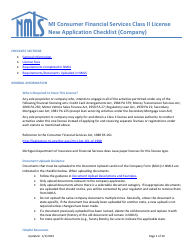 Mi Consumer Financial Services Class II License New Application Checklist (Company) - Michigan