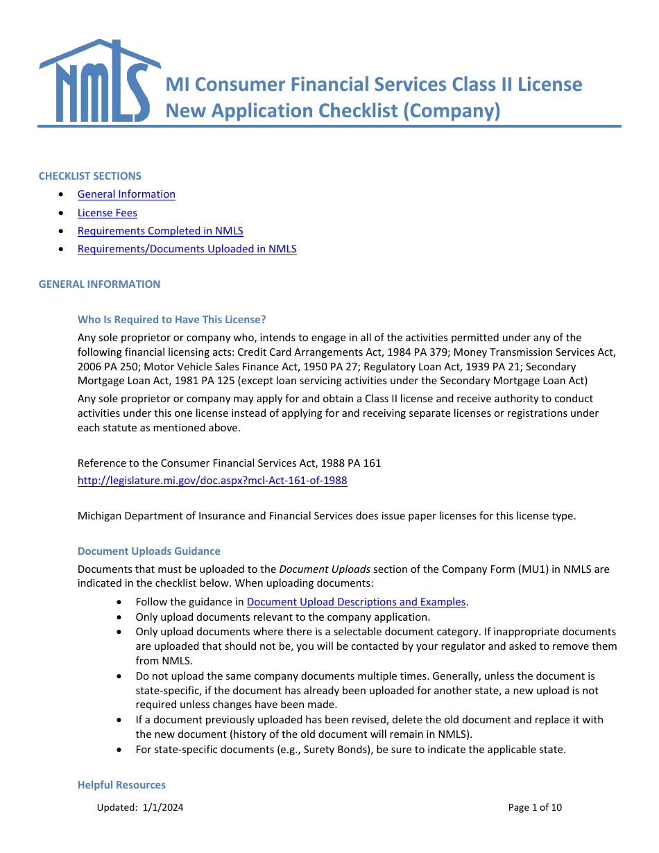 Mi Consumer Financial Services Class II License New Application Checklist (Company) - Michigan, Page 1