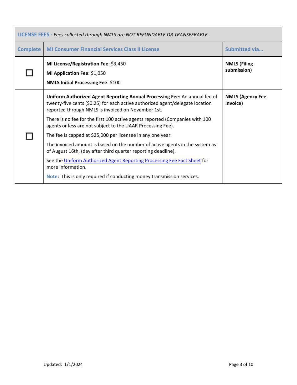 Mi Consumer Financial Services Class II License New Application Checklist (Company) - Michigan, Page 3