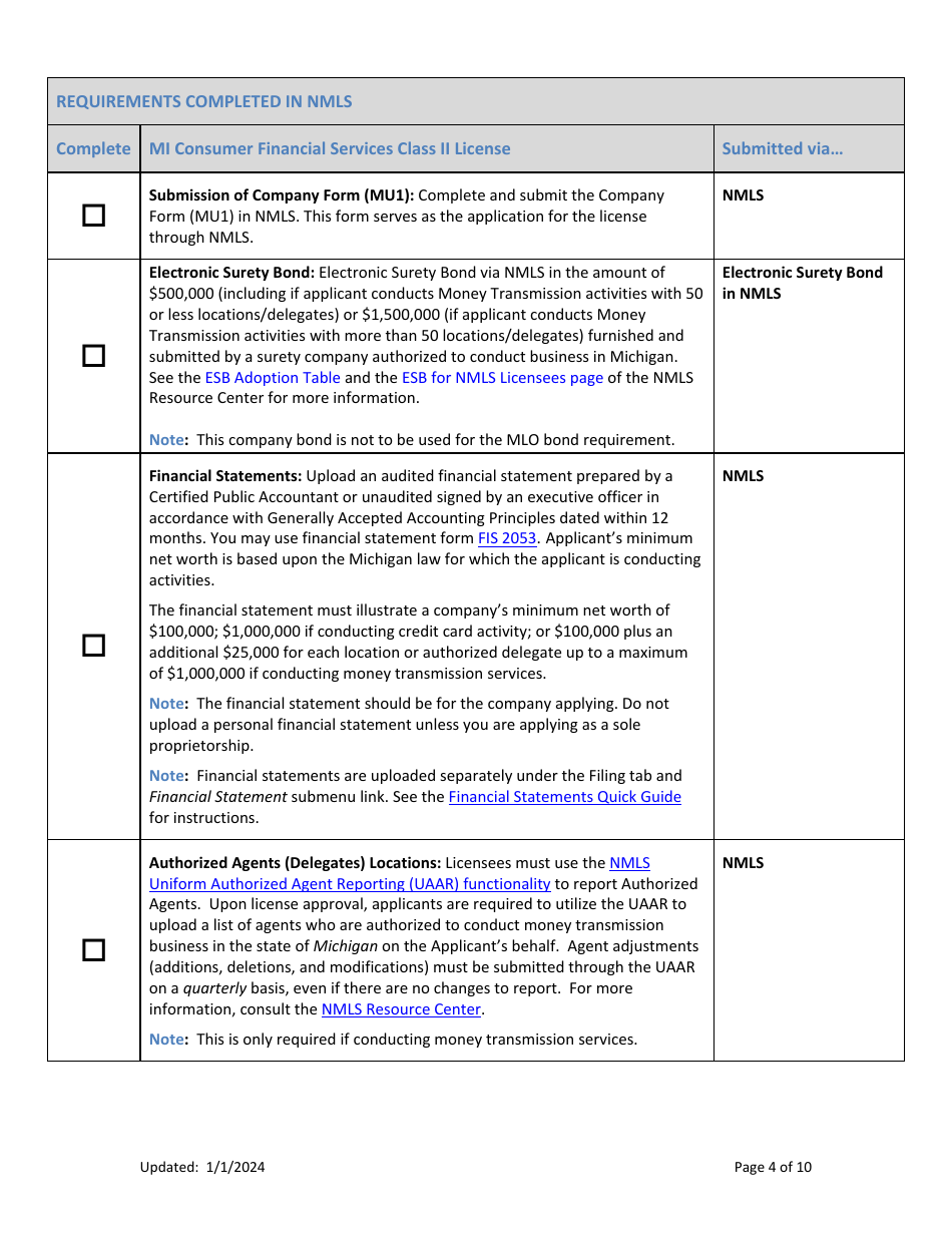 Mi Consumer Financial Services Class II License New Application Checklist (Company) - Michigan, Page 4
