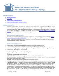 Document preview: Mi Money Transmitter License New Application Checklist (Company) - Michigan