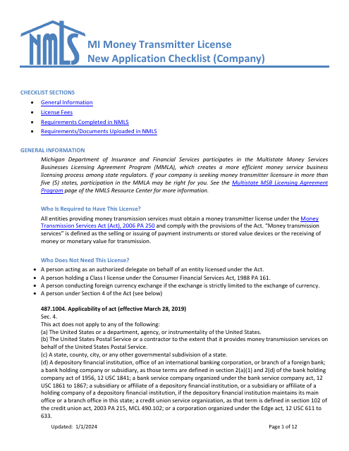 Mi Money Transmitter License New Application Checklist (Company) - Michigan Download Pdf