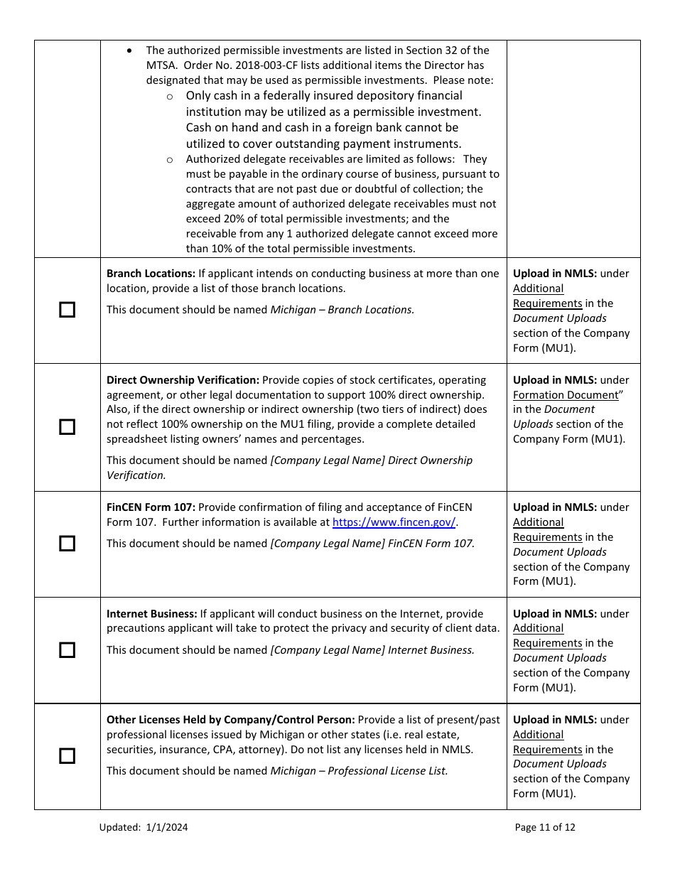 Mi Money Transmitter License New Application Checklist (Company) - Michigan, Page 11
