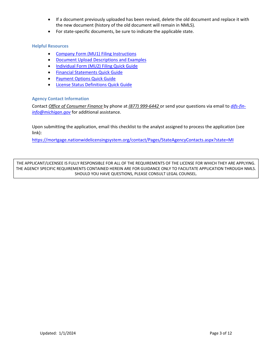 Mi Money Transmitter License New Application Checklist (Company) - Michigan, Page 3