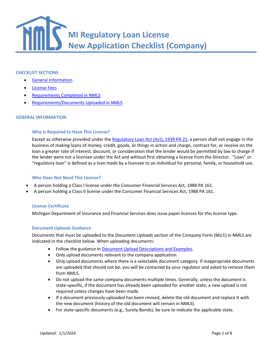 Mi Regulatory Loan License New Application Checklist (Company) - Michigan, Page 1