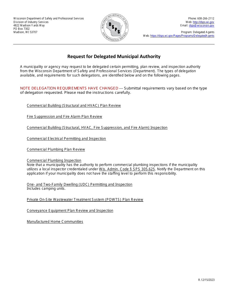Request for Delegated Municipal Authority - Wisconsin, Page 1