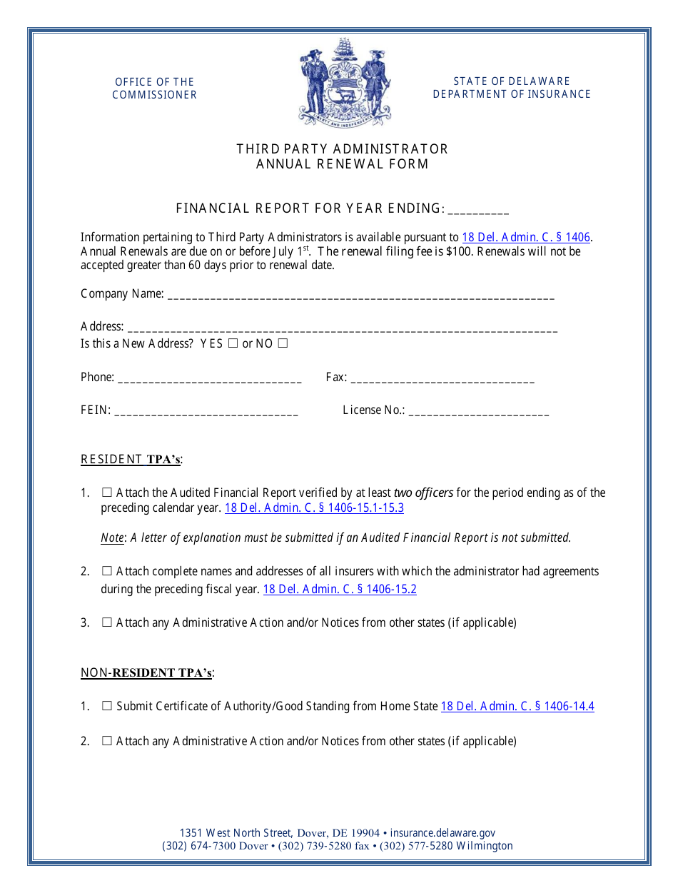 Third Party Administrator Annual Renewal Form - Delaware, Page 1