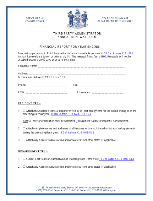Third Party Administrator Annual Renewal Form - Delaware Download Pdf
