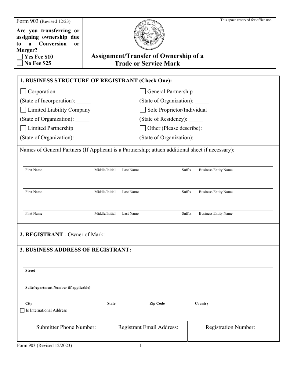 Form 903 Assignment / Transfer of Ownership of a Trade or Service Mark - Texas, Page 1