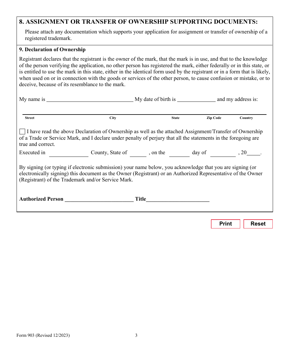Form 903 Assignment / Transfer of Ownership of a Trade or Service Mark - Texas, Page 3