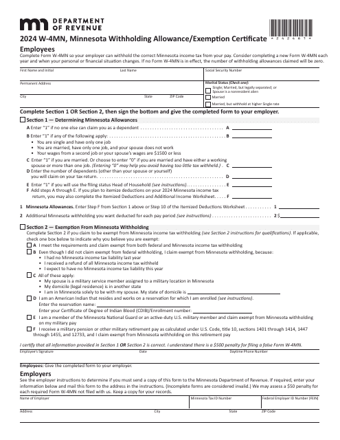 Form W-4MN Minnesota Employee Withholding Allowance/Exemption Certificate - Minnesota, 2024