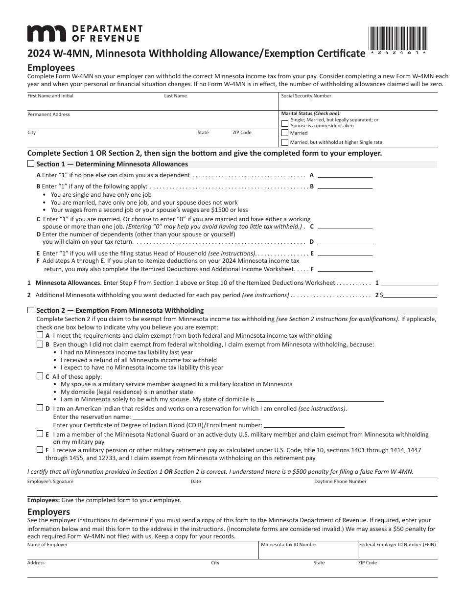 Form W-4MN Minnesota Employee Withholding Allowance / Exemption Certificate - Minnesota, Page 1