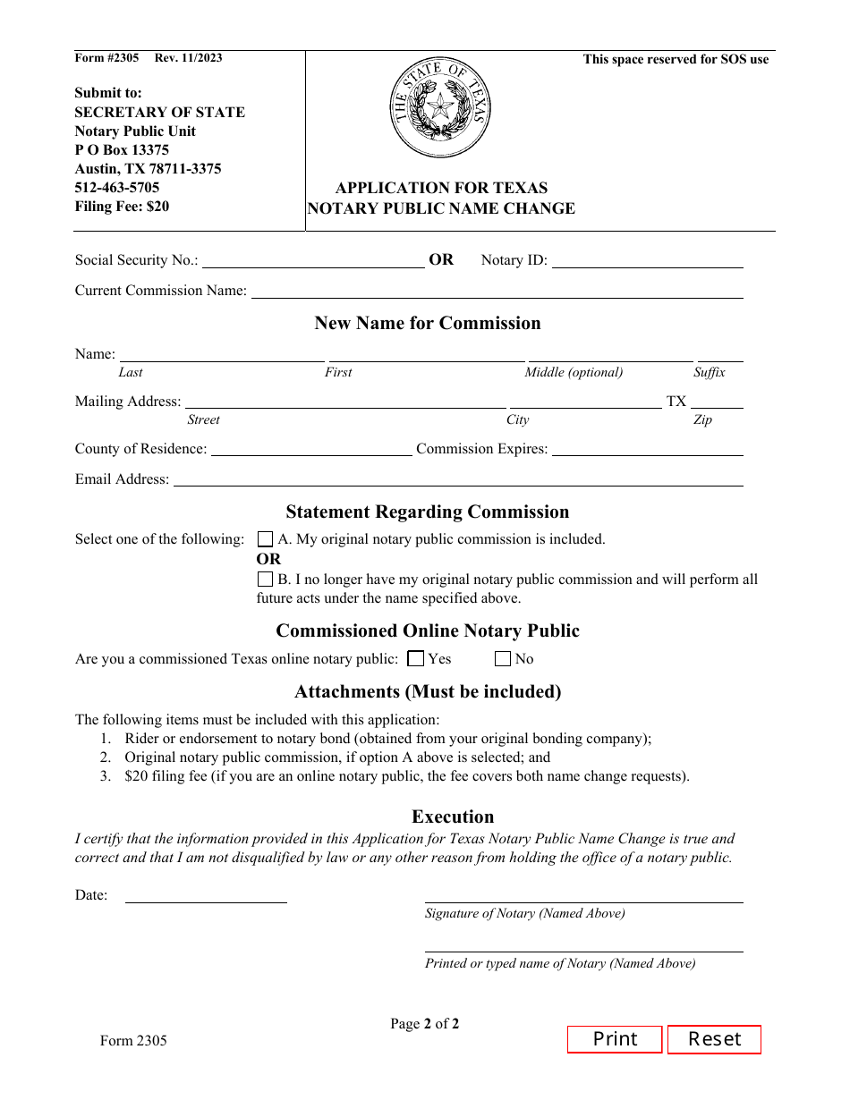 Form 2305 Application for Texas Notary Public Name Change - Texas, Page 2