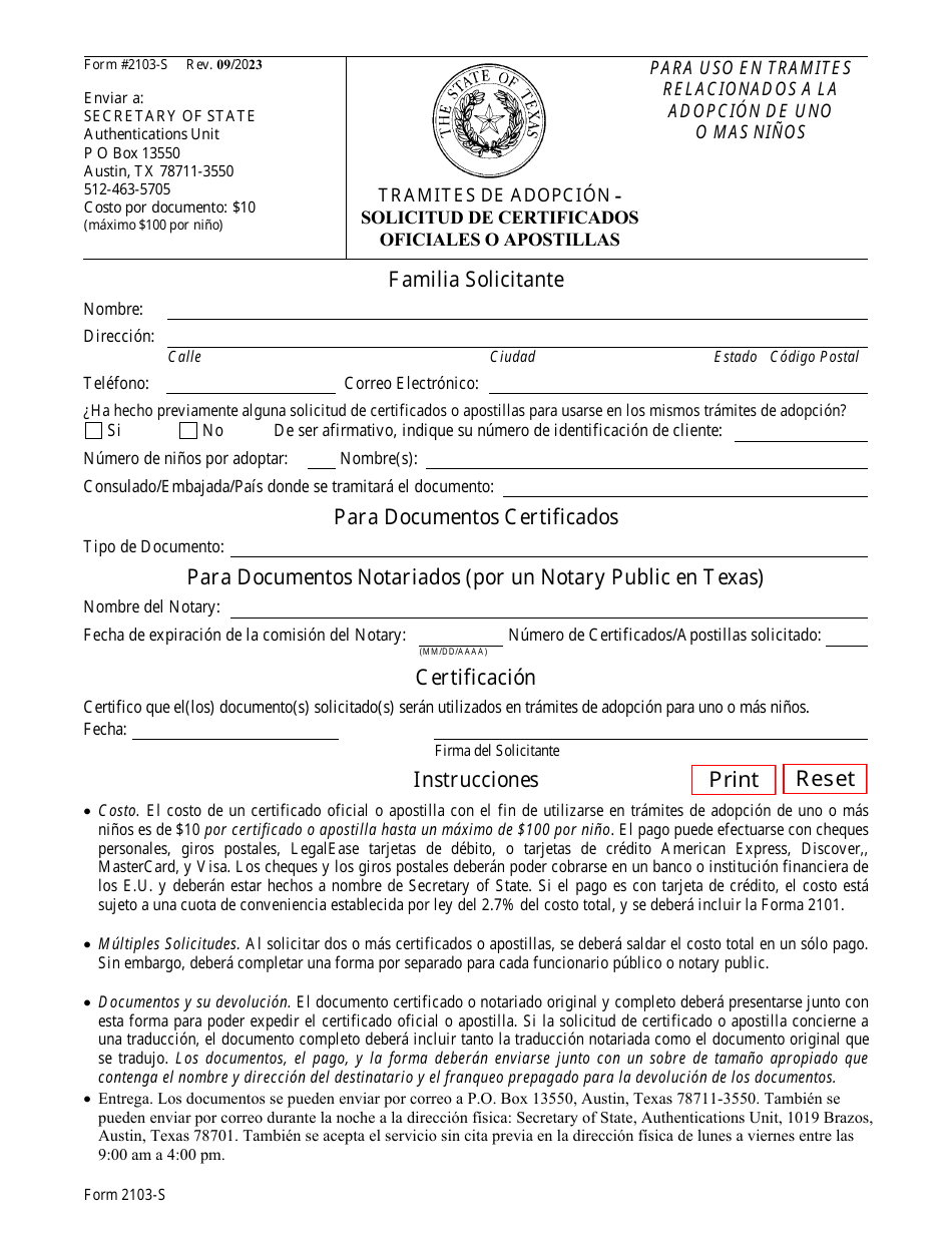 Formulario 2103-S Tramites De Adopcion - Solicitud De Certificados Oficiales O Apostillas - Texas (Spanish), Page 1