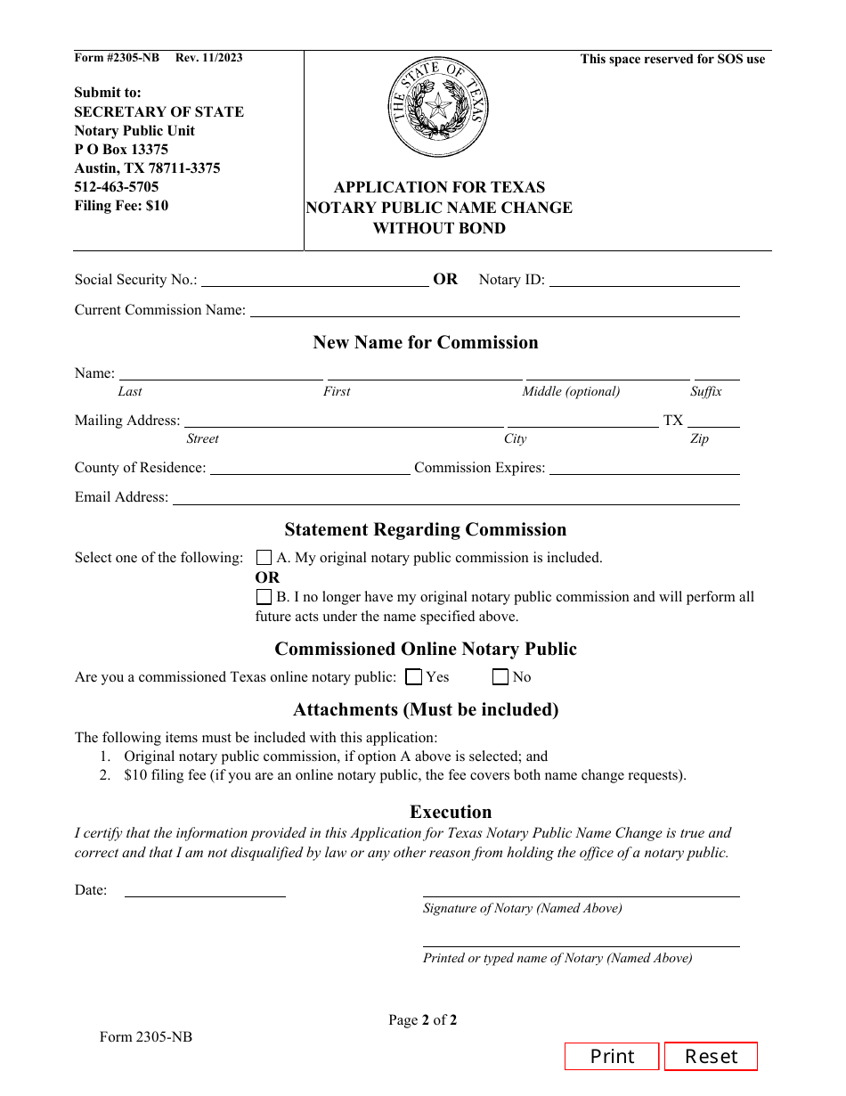 Form 2305-NB Application for Texas Notary Public Name Change Without Bond - Texas, Page 2