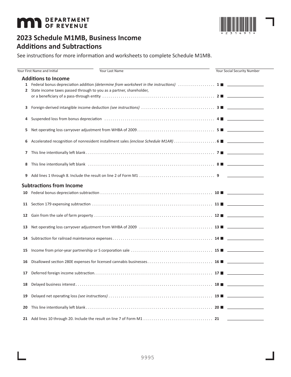 Schedule M1MB Business Income Additions and Subtractions - Minnesota, Page 1