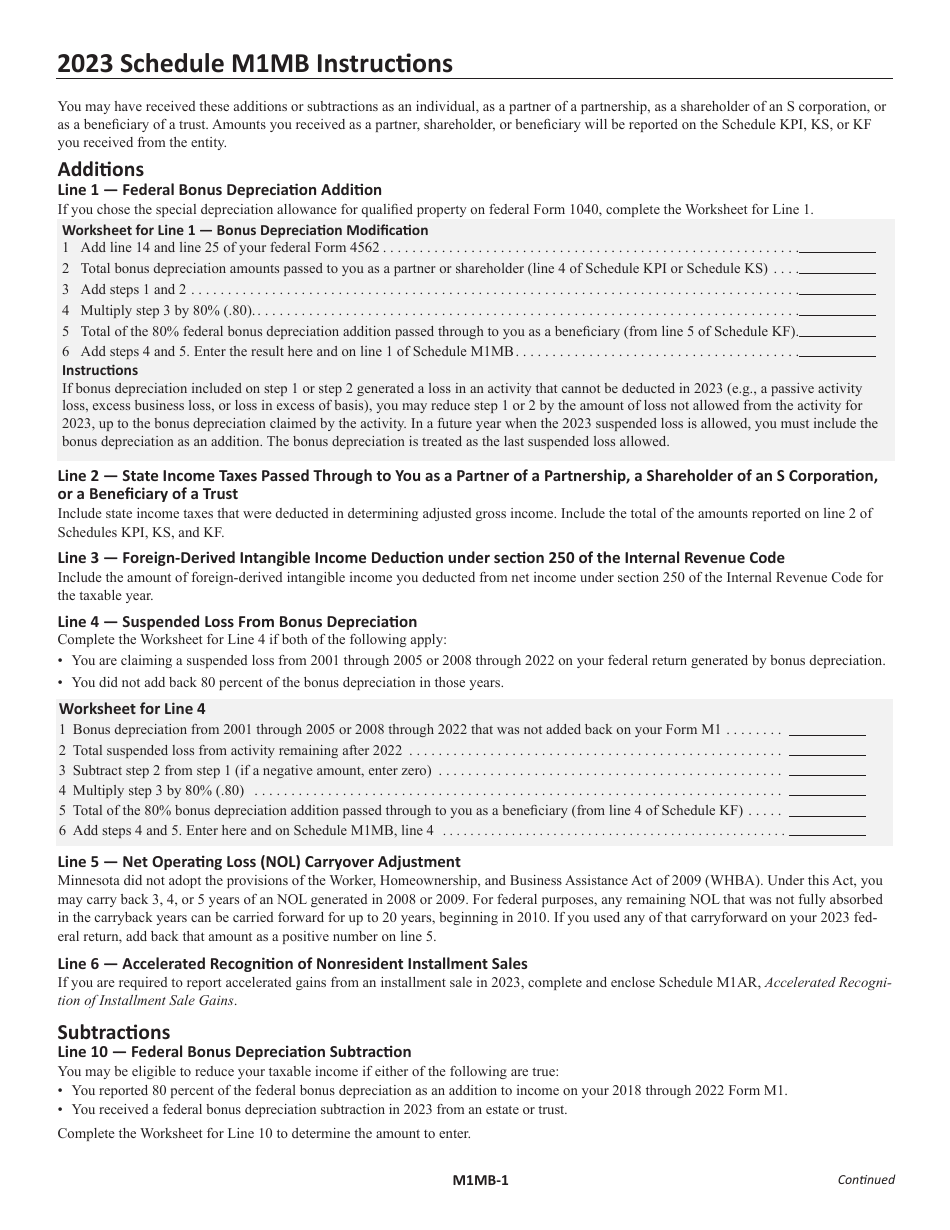 Schedule M1MB Business Income Additions and Subtractions - Minnesota, Page 2