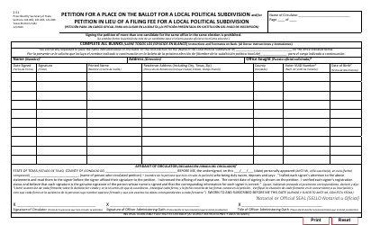 Document preview: Form 2-51 Petition for a Place on the Ballot for a Local Political Subdivision and/or Petition in Lieu of a Filing Fee for a Local Political Subdivision - Texas (English/Spanish)