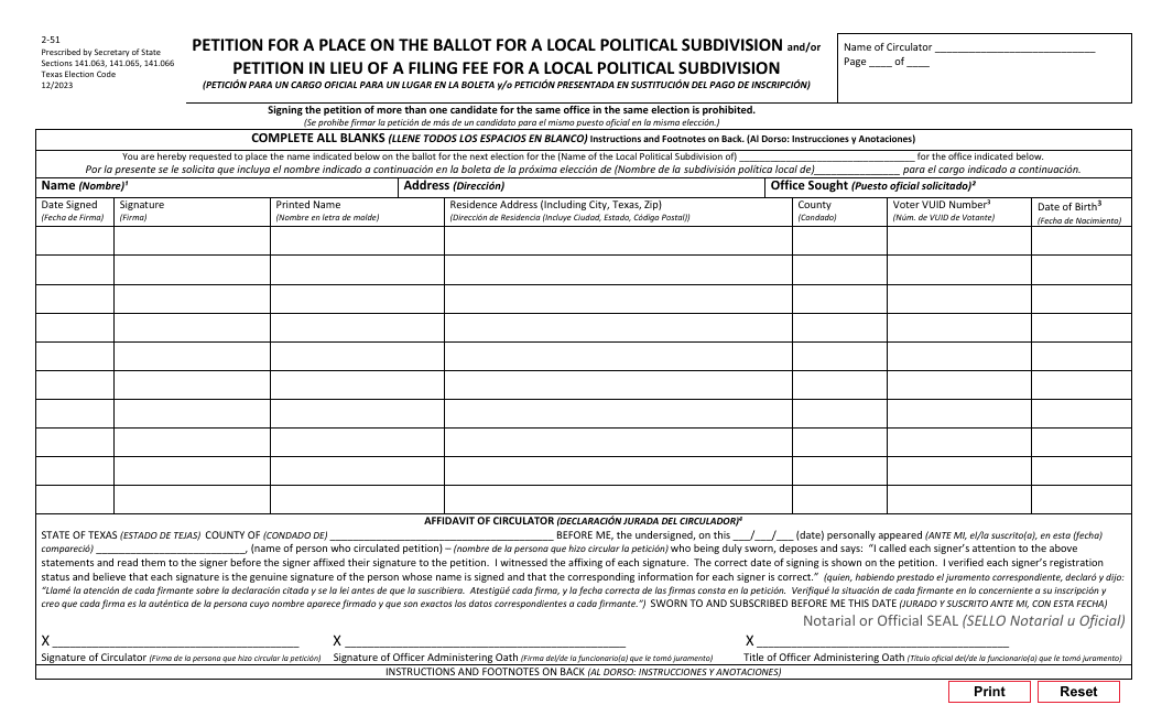 Form 2-51 Petition for a Place on the Ballot for a Local Political Subdivision and/or Petition in Lieu of a Filing Fee for a Local Political Subdivision - Texas (English/Spanish)