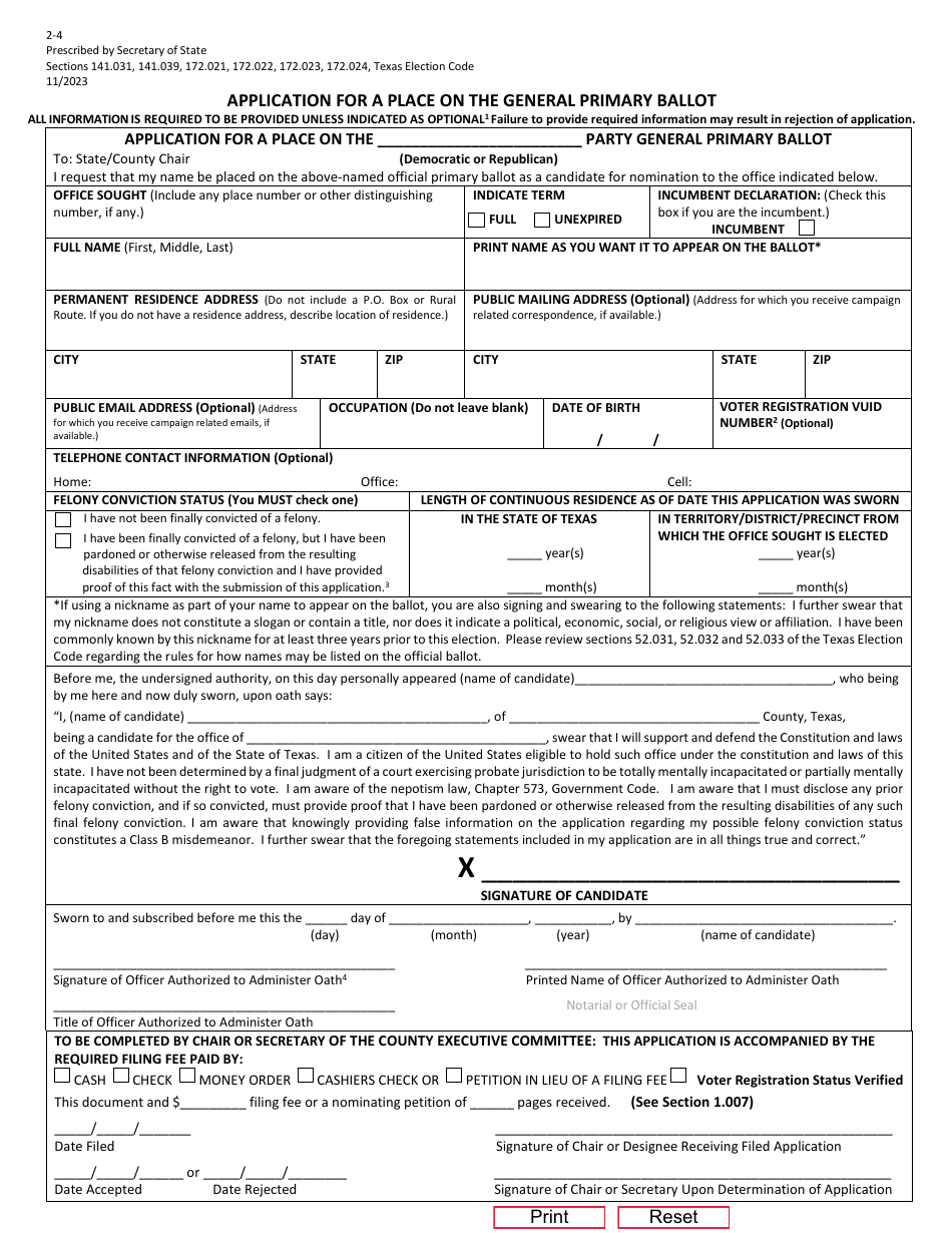Form 2-4 Application for a Place on the General Primary Ballot - Texas (English / Spanish), Page 1