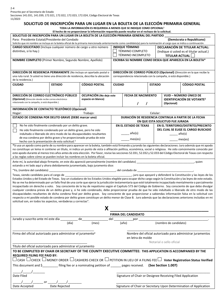 Form 2-4 Application for a Place on the General Primary Ballot - Texas (English / Spanish), Page 4