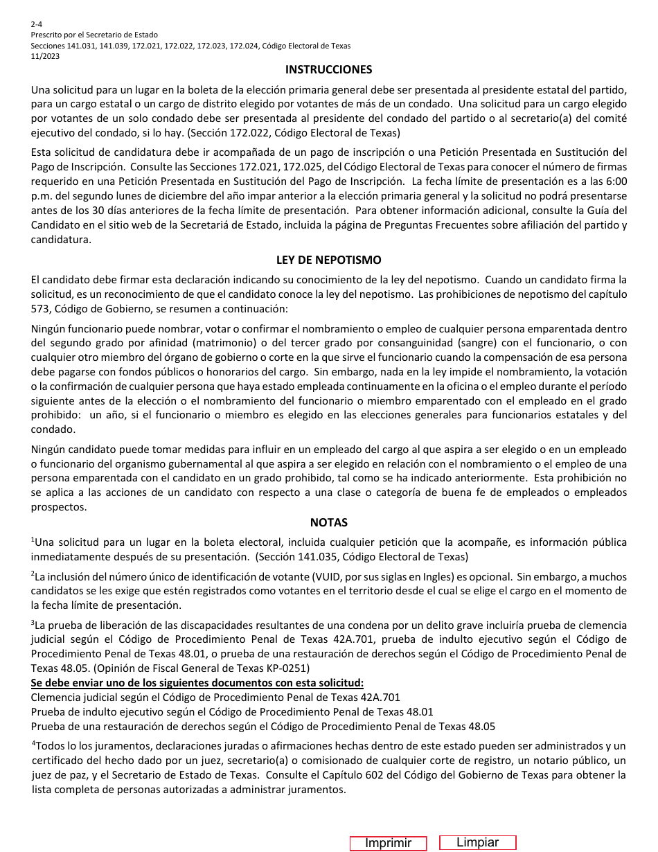 Form 2-4 Application for a Place on the General Primary Ballot - Texas (English / Spanish), Page 5
