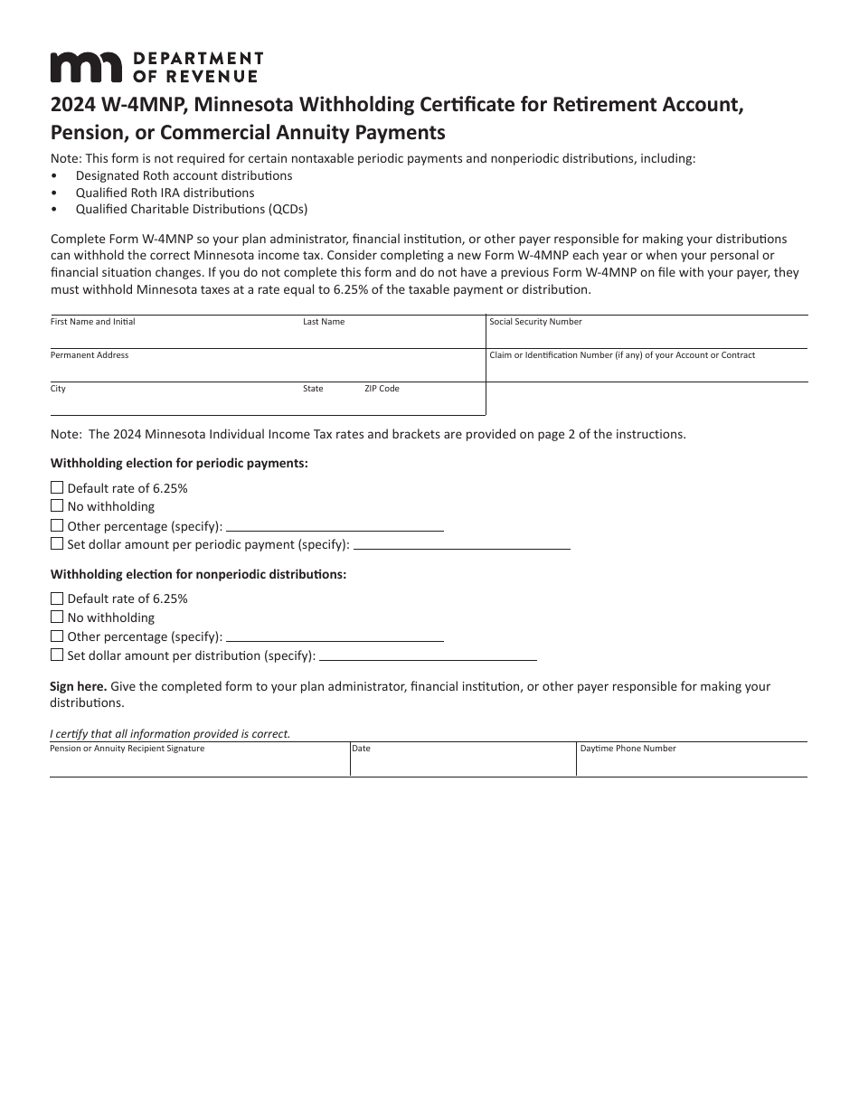 Form W-4MNP Minnesota Withholding Certificate for Retirement Account, Pension, or Commercial Annuity Payments - Minnesota, Page 1