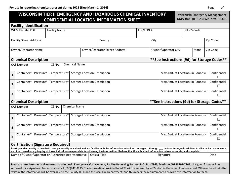 DMA Form 1005 Wisconsin Tier II Emergency and Hazardous Chemical Inventory Confidential Location Information Sheet - Wisconsin, Page 1