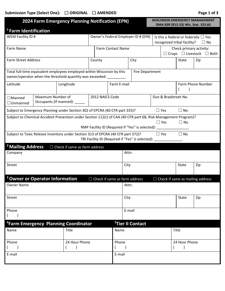 DMA Form 83R Farm Emergency Planning Notification (Epn) - Wisconsin, Page 1