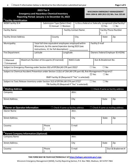 DMA Form 1004 (1005) Tier II Emergency and Hazardous Chemical Inventory - Wisconsin, 2023