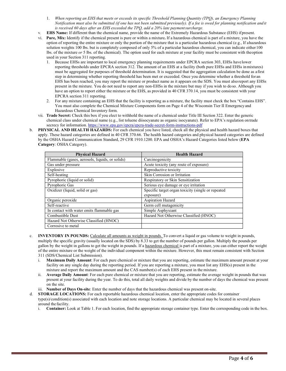 DMA Form 1004 (1005) Tier II Emergency and Hazardous Chemical Inventory - Wisconsin, Page 11