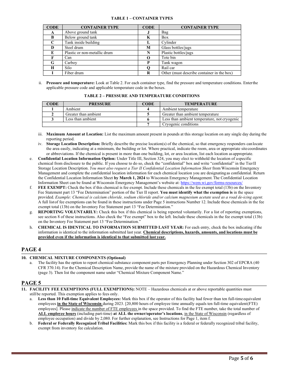 DMA Form 1004 (1005) Tier II Emergency and Hazardous Chemical Inventory - Wisconsin, Page 12