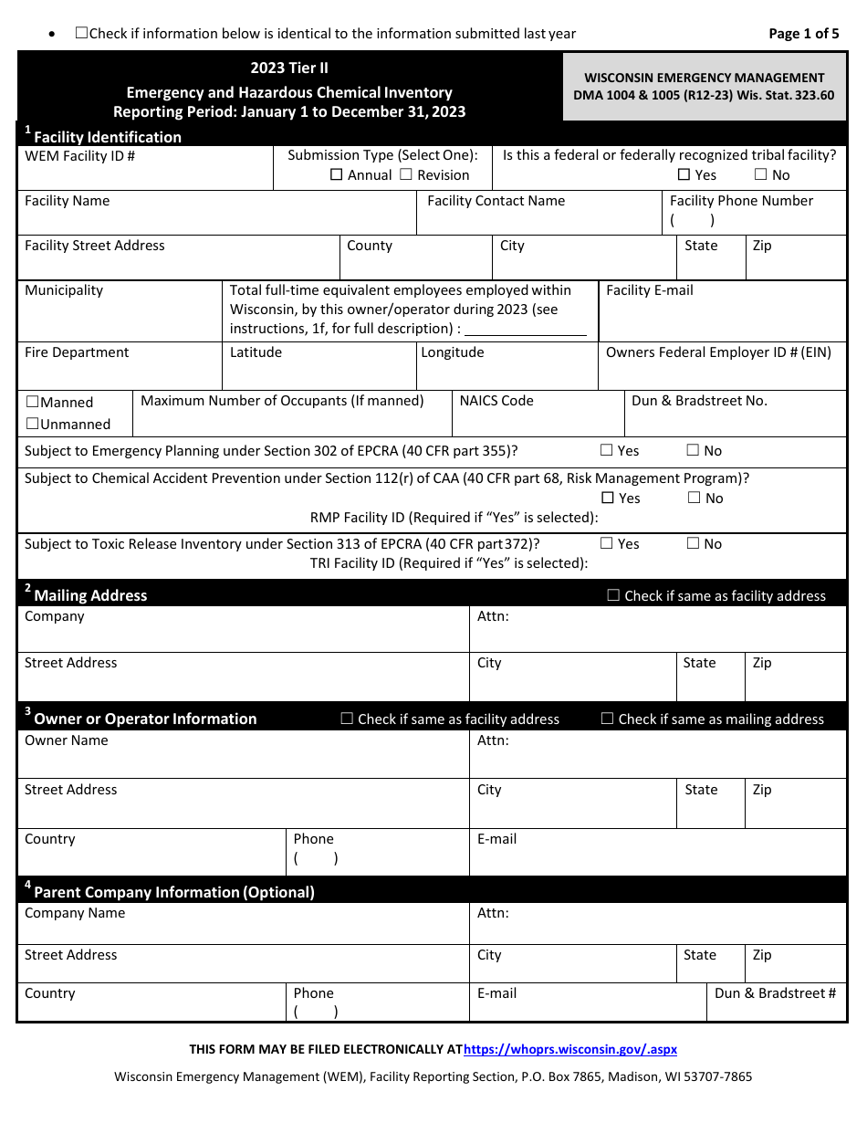 DMA Form 1004 (1005) Tier II Emergency and Hazardous Chemical Inventory - Wisconsin, Page 1