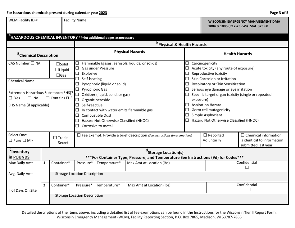 DMA Form 1004 (1005) Tier II Emergency and Hazardous Chemical Inventory - Wisconsin, Page 3