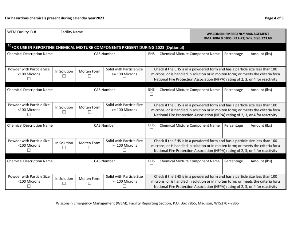 DMA Form 1004 (1005) Tier II Emergency and Hazardous Chemical Inventory - Wisconsin, Page 4