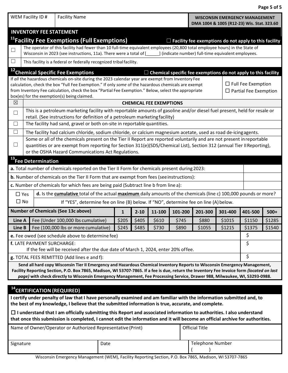 DMA Form 1004 (1005) Tier II Emergency and Hazardous Chemical Inventory - Wisconsin, Page 5
